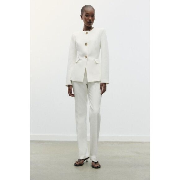 Zara Womens Fitted Blazer XL White Suit Jacket Gold Tone Button 2399/593 NWT - Picture 3 of 16